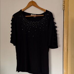 INC International Concepts Black Studded Short Sleeve Top